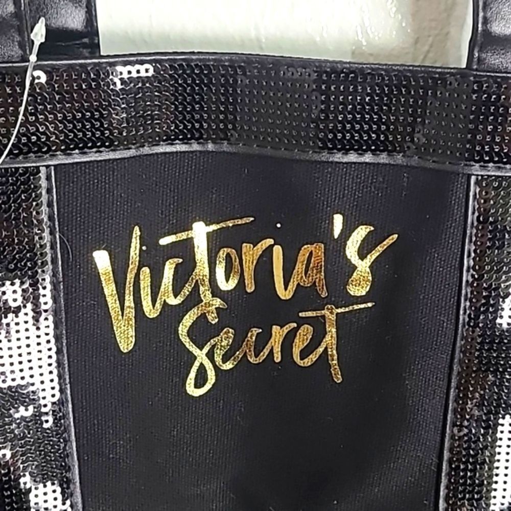 Victoria's Secret Black Tote, Metallic Trim, Logo in Shiny Gold on Front, NWT - Picture 3 of 10
